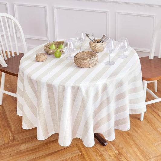 Solino Home Linen 60 Inch Round Tablecloth - Cabana Stripe, 100% Pure Linen Natural and White Round Tablecloth - Machine Washable Table Cloth for Fall, Autumn, Thanksgiving