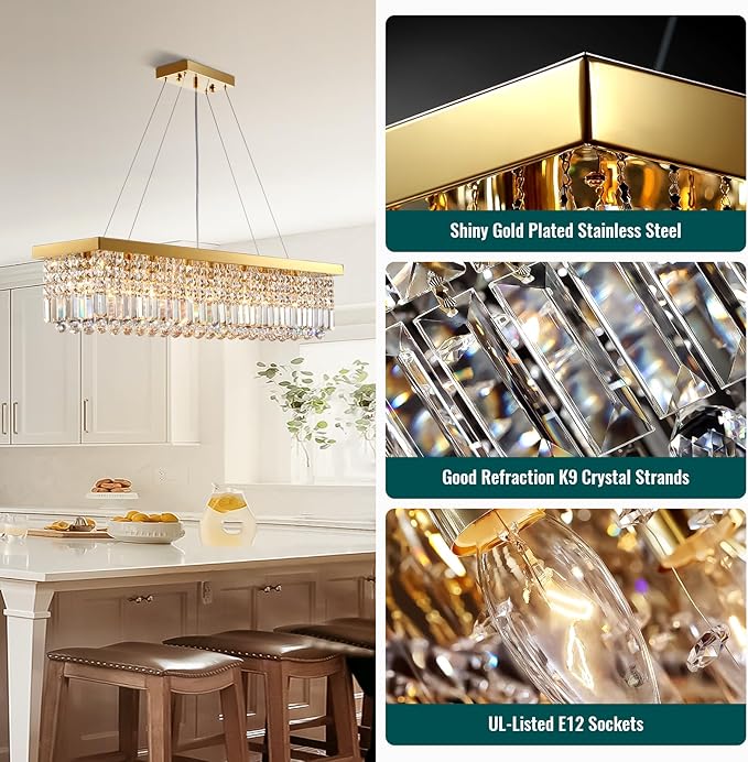 Siljoy Modern Crystal Chandelier, Luxury Gold Rectangular Raindrop Chandelier Lighting, 8-Light Rectangle Crystal Ceiling Light Fixture for Dining Room Kitchen Island Bar L40'' x W10'' x H10''