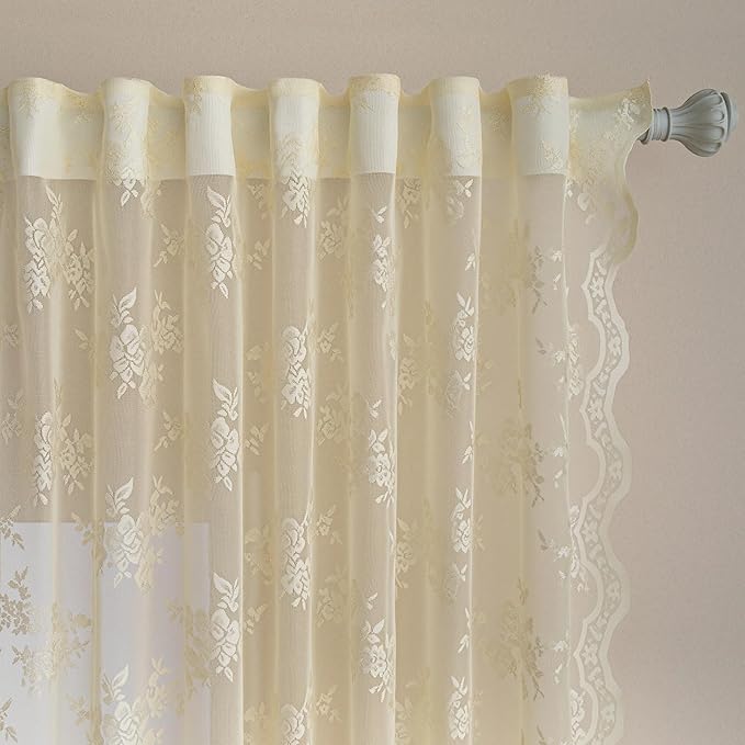 MEETSKY Lace Sheer Curtains 90 Inch Length Light Yellow Vintage Victorian French Elegant Light Filtering Back Tab Rod Pocket Boho Style Drapes for Living Room Bedroom for Farmhouse, 50" W, 2 PCs