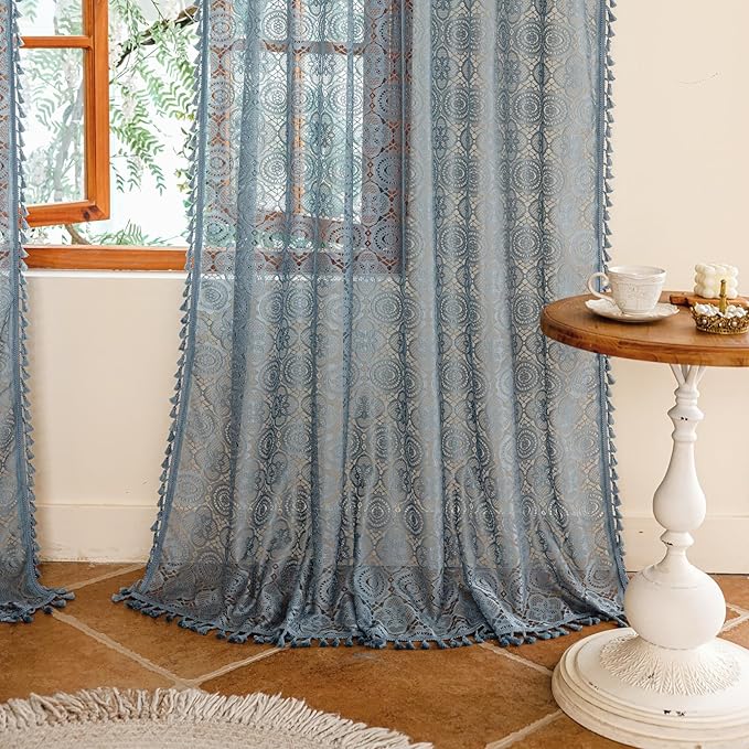 YJ YANJUN Blue Lace Curtains -96 inches Long 2 Panels, Antique Coastal Curtains for Living Room Dining Room, Crochet Boho Farmhouse Panels, Cortinas para Cuarto, 59" W x 96" L 8ft Slate Blue