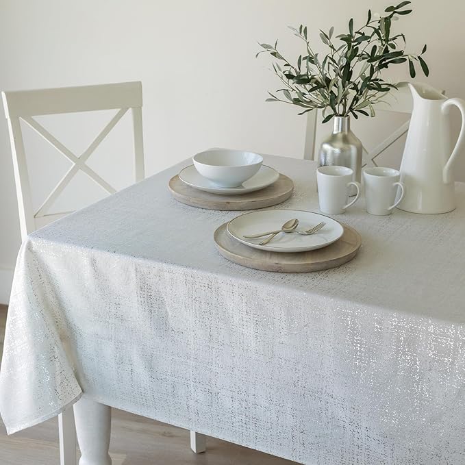 Benson Mills Gold Mine Foil Printed Fabric Table Cloth, Holiday, Winter, Thanksgiving, and Christmas Tablecloth (60" x 144" Rectangular, Gold Mine Ivory/Silver)