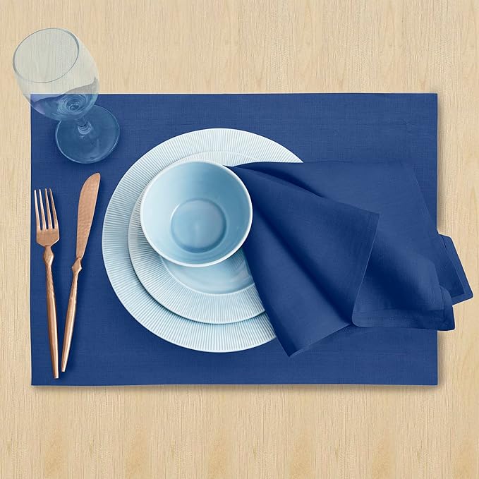 Solino Home Linen Placemats Set of 4 - Indigo Blue Placemats 14 x 19 Inch - 100% Pure Linen Table Place Mats for Christmas, Holiday, Winter, New Year - Fete