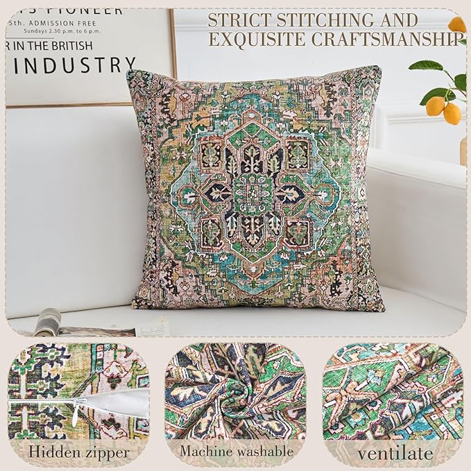 Boho Throw Pillow Covers 18x18 inch Set of 2,Boho Vintage Carpet Pattern Antique Ethnic Decor Double Sided Pattern Cushion Cover Soft Pillow Case Living Sofa Room Bed Square Pillow Cover