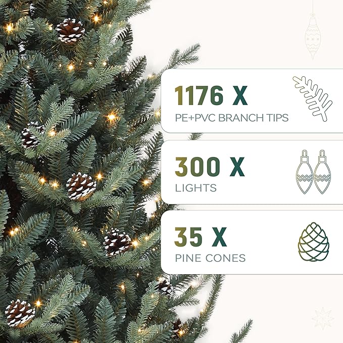 YITAHOME 6FT Prelit Blue Christmas Tree with Remote, Pre-Decorated Artificial Hinged Hillside Spruce Holiday Xmas Tree with 35 Pine Cones, 300 Lights & 11 Light Modes