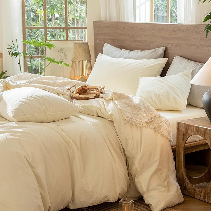 MooMee Wavy Striped Duvet Cover Set 100% Washed Cotton Linen Like Textured Breathable Durable Soft Comfy (Cream White, King 104"x90")