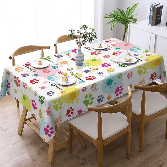 Colorful Paw Print Tablecloth Fun Animal Footprints Rectangle Tablecloth Hand Drawn Dog Paw Print Doodles Table Cover 54×72 Inch Washable Table Cloth for Kitchen Dining Room Party Decoration