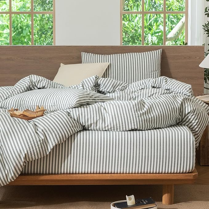 MooMee Striped Duvet Cover Set 100% Washed Cotton Linen Like Textured Breathable Durable Soft Comfy (Heathered Green Classic Stripes, Super King 108"x98")