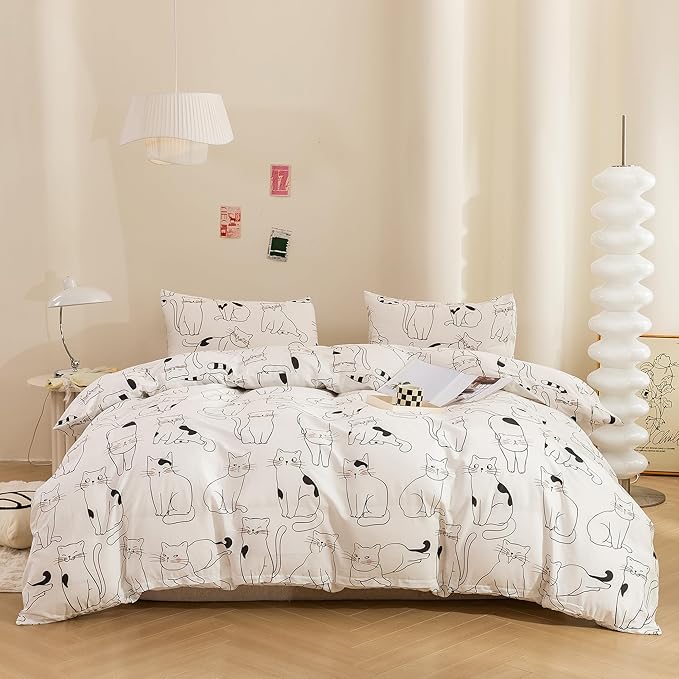 ECOCOTT Duvet Cover Queen Size, 3 Pcs Cartoon Cats Animal Print Pattern Duvet Cover Set, Super Soft Comforter Quilt Cover with Zipper Closure 4 Ties