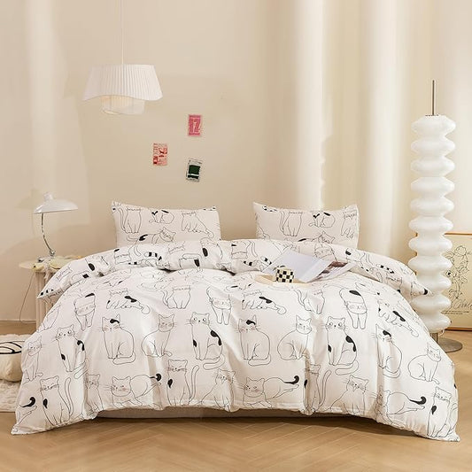 ECOCOTT Duvet Cover Queen Size, 3 Pcs Cartoon Cats Animal Print Pattern Duvet Cover Set, Super Soft Comforter Quilt Cover with Zipper Closure 4 Ties