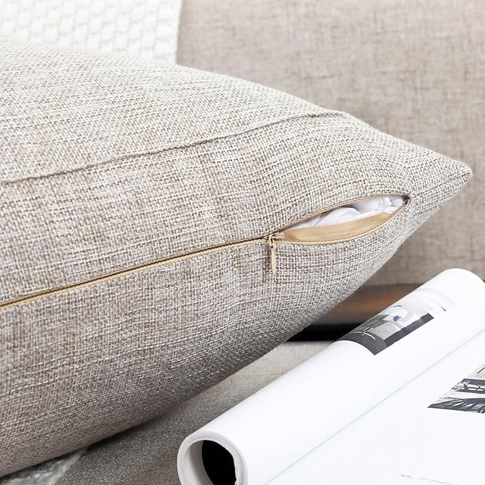 Jepeak 22x22 Inch Burlap Linen Throw Pillow Covers, Pack of 2 Decorative Farmhouse Rustic Neutral Pillow Covers Square Durable Cushion Cover for Sofa Couch Bed Home Decor, Beige/Khaki Threads