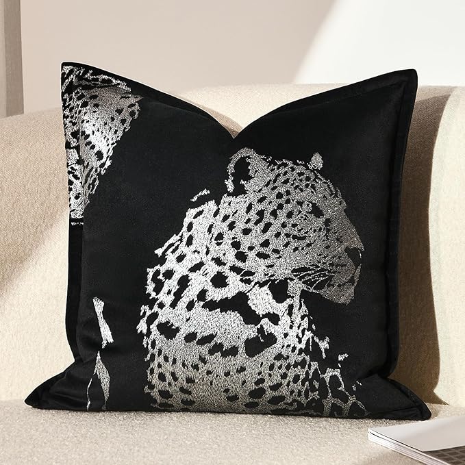 Throw Pillow Cover 18x18'' - Luxe Velvet Silver Leopard Embroidered Pillow Cover, Wrinkle & Fade Resistant, Decorative Cushion Cover for Sofa, Bed Bedroom Living Room