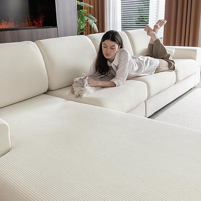 Sectional Couch Covers, Wear Resistant Stretch Sofa Covers Washable Soft Couch Cushion Covers Anti Slip Furniture Protector Sofa Slipcovers for Pets (2 Pieces 2 Seaters Cover, Ivory)