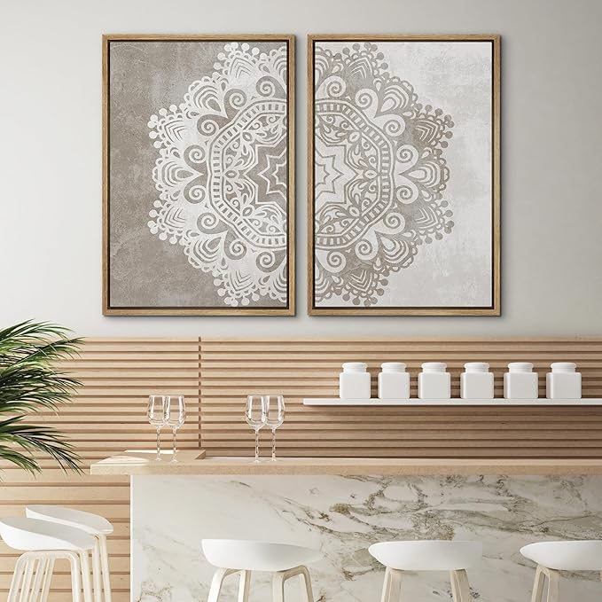 SIGNWIN Framed Canvas Print Wall Art Set Duotone Cultural Indian Mandala Pattern Abstract Shapes Illustrations Modern Art Minimal Boho Relax/Calm for Living Room, Bedroom, Office - 16"x24"x2 Natural