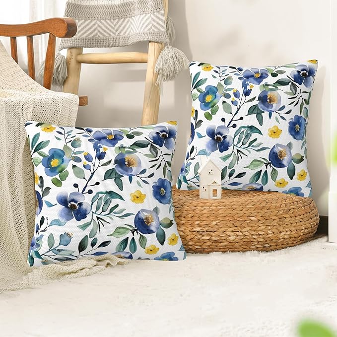 Blue and Yellow Flowers Pillow Covers 18X18 Set of 2, Watercolor Abstract Floral and Leaves Decorative Throw Pillow Covers, Pillowcase Cushion Case for Home Sofa Couch Indoor Outdoor