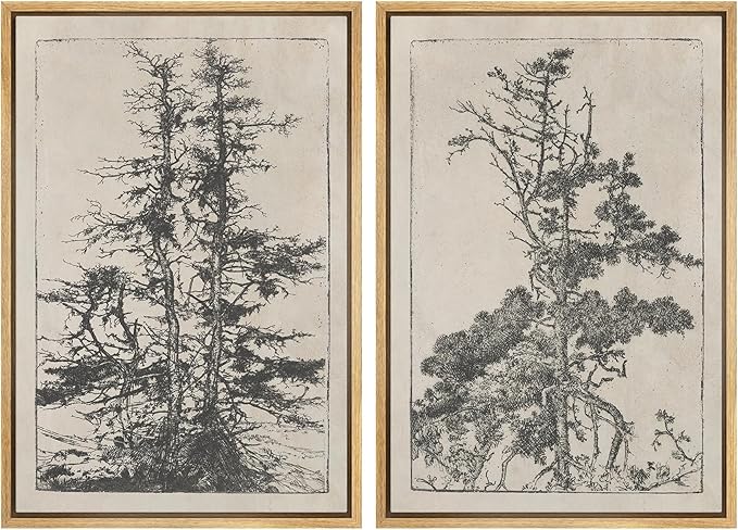 SIGNWIN Framed Canvas Print Wall Art Set Vintage Botanical Tree Sketches Illustrations Modern Art Minimal Boho Relax/Calm for Living Room, Bedroom, Office - 24"x36"x2 Natural
