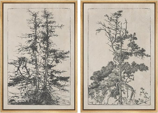 SIGNWIN Framed Canvas Print Wall Art Set Vintage Botanical Tree Sketches Illustrations Modern Art Minimal Boho Relax/Calm for Living Room, Bedroom, Office - 24"x36"x2 Natural