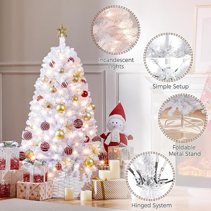 Yaheetech 4.5ft Pre-lit Spruce Artificial Hinged Christmas Pine Tree Prelighted Holiday Xmas Tree for Home Party Decoration with 150 Warm White Lights and 324 Branch Tips, White
