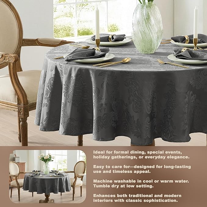 Newbridge Barcelona Damask Fabric Tablecloth, 70 Inch Round, Grey – No Iron, Soil Resistant Table Cover for Dining, Parties and Holidays