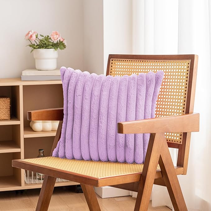 Double-Sided Faux Fur Plush Throw Pillow Covers 22x22 Set of 2 Fuzzy Striped Soft Cozy Pillowcase Luxury Decorative Pillows Square Fluffy Cushion Cover for Couch Bed Living Room,Purple
