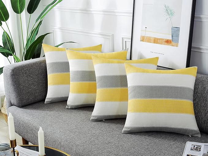 AmHoo Pack of 2 Farmhouse Stripe Check Throw Pillow Covers Set Case Cotton Linen Decorative Pillowcases Cushion Cover for Couch Bench Sofa 20x20Inch Yellow Beige