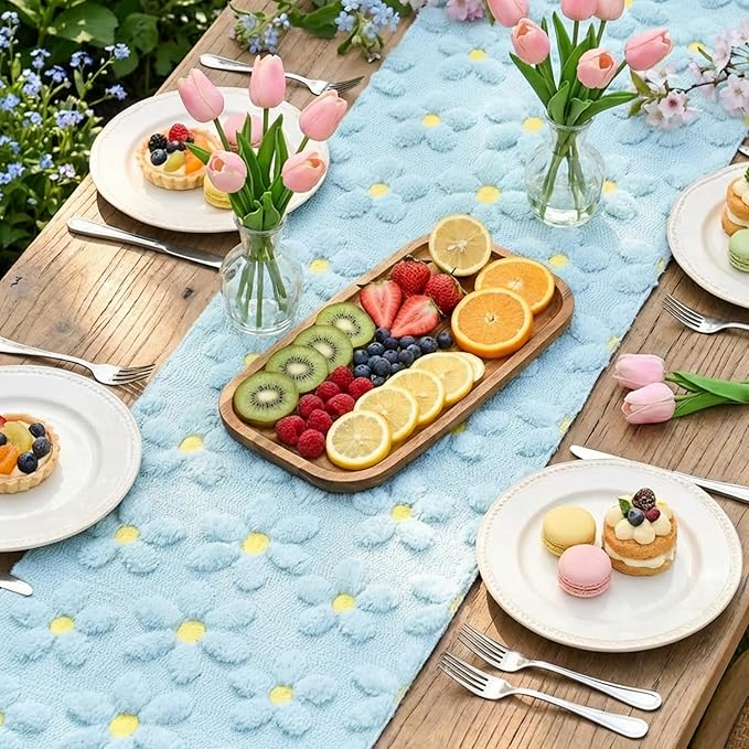 Artoid Mode Blue Soft Plush Faux Fur Jacquard Embroidery Daisy Spring Table Runner, Kitchen Dining Table Decoration for Home Party Decor 13x90 Inch