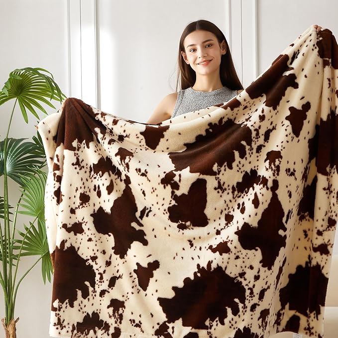 COOVA Faux Rabbit Fur & Flannel Throw Blanket 50x60 Inch - Luxury Fuzzy & Cozy Soft Blanket for All Seasons, Breathable and Comfortable for Bed, Sofa, Couch, and Camping, Cow Print,Brown