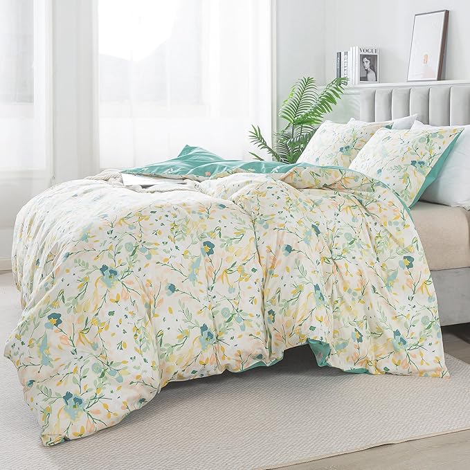 HoneiLife Duvet Dover King Size - 100% Cotton Comforter Cover Floral Duvet Cover Sets, Botanical Duvet Cover with Zipper Closure & Corner Ties, 3-PC Wildflower Comforter Cover Sets, Ink-Painting