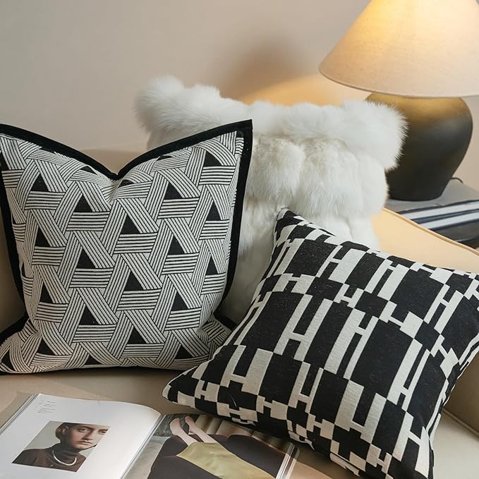 New 18x18'' inches Throw Pillow Cushion Covers - White H Letter Black Color Chenille Jacquard Embroidery Luxury Modern Style Couch Sofa Bed Pillow Cover for Living Room Bedroom