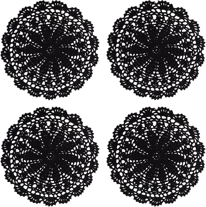 PHANTOMON Crochet Doilies Handmade Round Cotton Lace Table Placemats Knitted Tablecloth, Star Pattern Rippled Edge, Pack of 4 (10 Inch, Black)