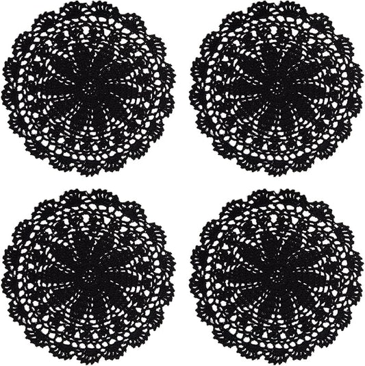 PHANTOMON Crochet Doilies Handmade Round Cotton Lace Table Placemats Knitted Tablecloth, Star Pattern Rippled Edge, Pack of 4 (10 Inch, Black)