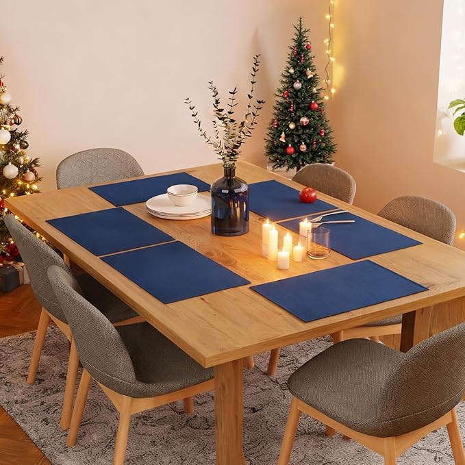 Encasa XO Dining Placemat Set of 6 | Solid Solid Blue Color | Fine Ribbed Cotton Table mat | Size 19x13 in |for Dining Table Fall Decoration, Holiday & Christmas Festivals - Machine Washable