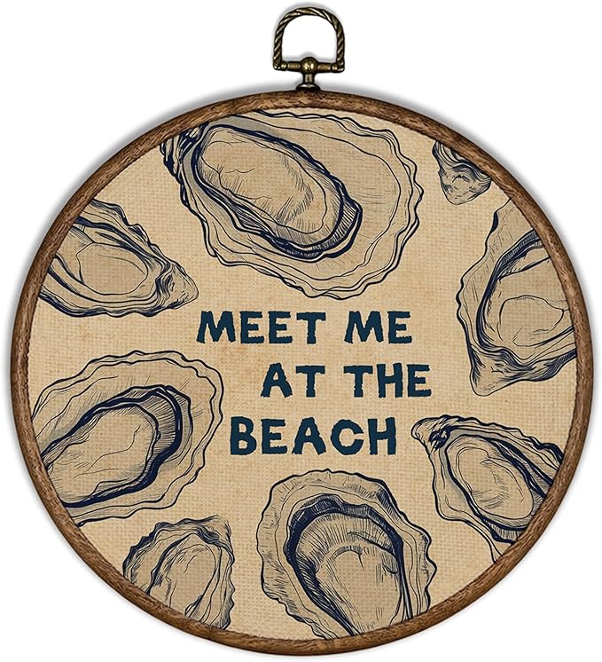 XBBMGG Coastal Oyster Wall Art Decor, Vintage Ocean Oyster Shell Meet Me At The Beach Round Wall Hanging Decor, Nautical Seashell Framed Canvas Prints for Living Room Bathroom Decorations, 10x10inch