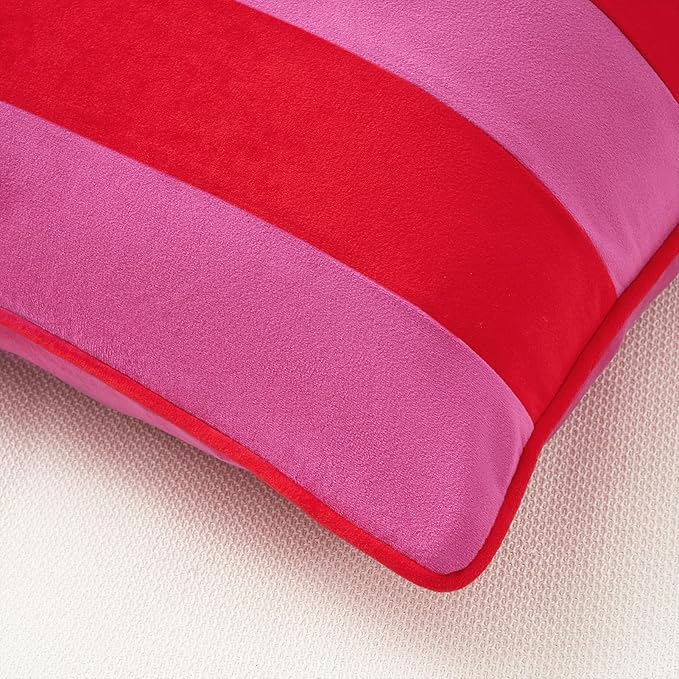 MONDAY MOOSE Decorative Throw Pillow Covers Cushion Cases, Set of 2 Soft Velvet Striped Piping Edge Designs, Pillow Inserts Not Included (Hot Pink/Red, 20x20 inch)