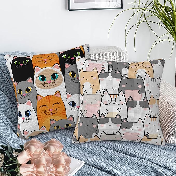 Kawaii Cute Cats Throw Pillow Cover Case Cartoon Cats Throw Pillows Set of 2 Super Soft Pillow Covers 18x18 Inches Farmhouse Home Decor for Living Room Bedroom Sofa Couch Cushion Cover