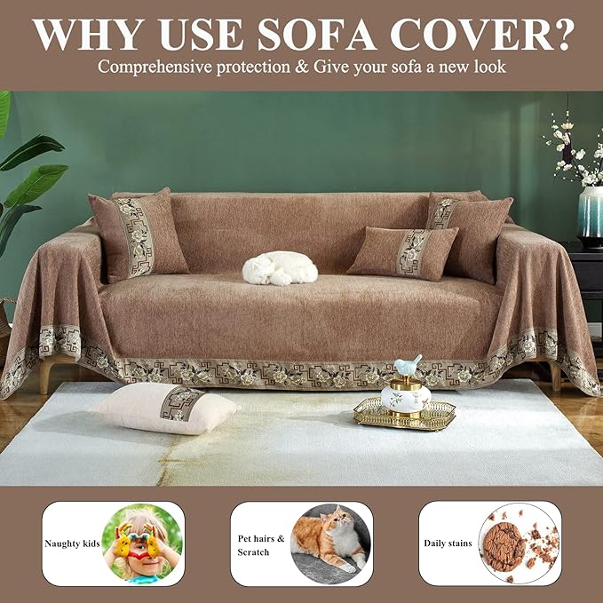DREAMINGO Sofa Covers for 3 Cushion Couch Sofa Universal Furniture Protector Chenille Couch Cover for Dogs Cats Solid Luxury Jacquard Edge Couch Covers Sectional L Shaped (XX-Large, Brown)