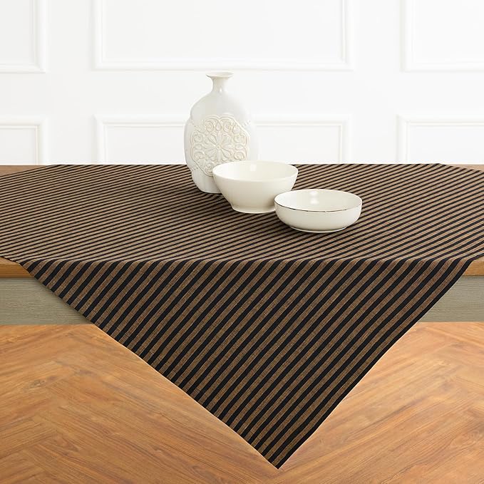 Solino Home Square Tablecloth 52 x 52 Inch - Amalfi Stripe, 100% Pure Linen Brown Sugar and Black Table Throw - Machine Washable Tablecloth for Fall, Autumn, Thanksgiving