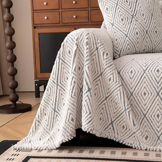 ROOMLIFE Striped Boho Blue Couch Cover for 2-3 Cushion Sofa, Fuzzy Plush Warm Sofa Slipcovers Sectional Sofas Covers, Non Slip Washable Furniture Protector Soft with Tassel,Winter 71''X150”