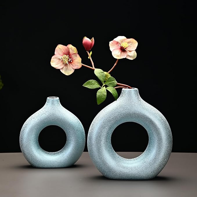 Modern Donut-Shaped Decorative Vases, Handmade Minimalist Boho ins Style, Modern Vase for Home Decor for Wedding Dinner Table Party Living Room Office Bedroom (Blue-Gold, Large + Small)
