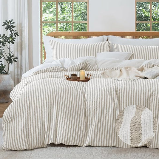 MILDLY Jacquard Stripe Duvet Cover - 100% Washed Cotton Light Khaki Boho Textured Comforter Cover 2pcs with Zipper Closure 68"x90"