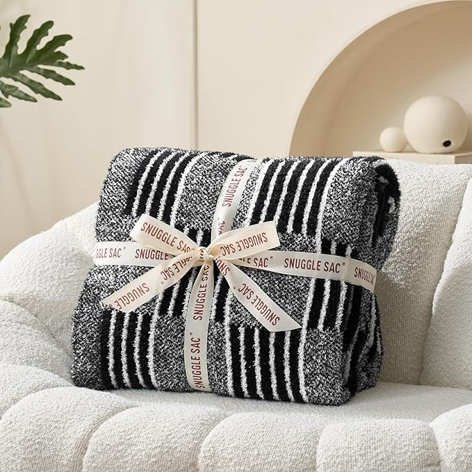 Snuggle Sac Black Faux Fur Checkered Blanket Twin Size with Soft Knitted Microfiber,Reversible Soft Cozy Warm Blanket for Sofa Bed,Lightweight Striped Blankets for Women,Heather Black,60x80 inches