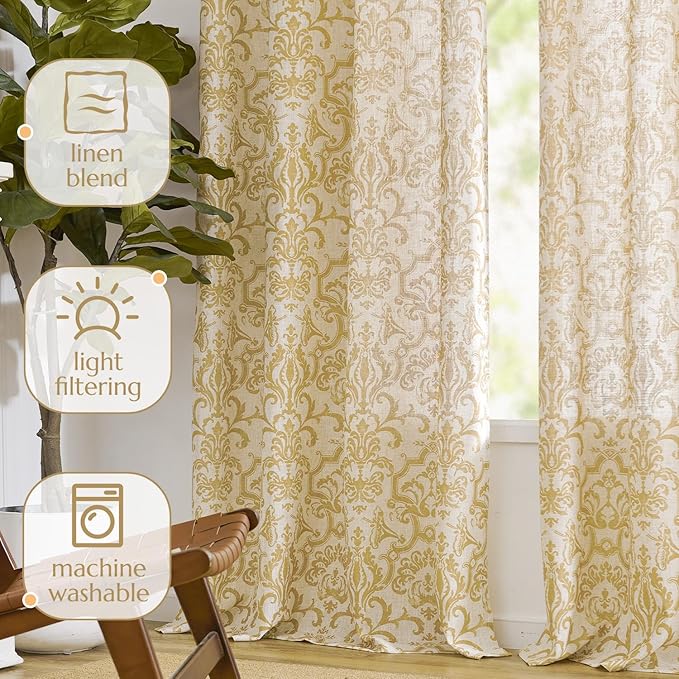 jinchan Curtains for Bedroom, Light Filtering 96 Inch Length 2 Panels Set, Farmhouse Style Linen Blend Drapes Living Room, Vintage Damask Curtains, Grommet Top Mustard Yellow on Flax, W52 X L96