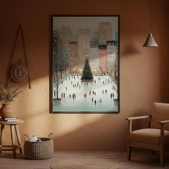 OZCONO Christmas Cityscape Wall Art, Retro Christmas Pastel Tone Decor, Whimsical Snowy Village Poster, Idea for Noel Season, Skating Scene Artwork (Unframed) (16x24)