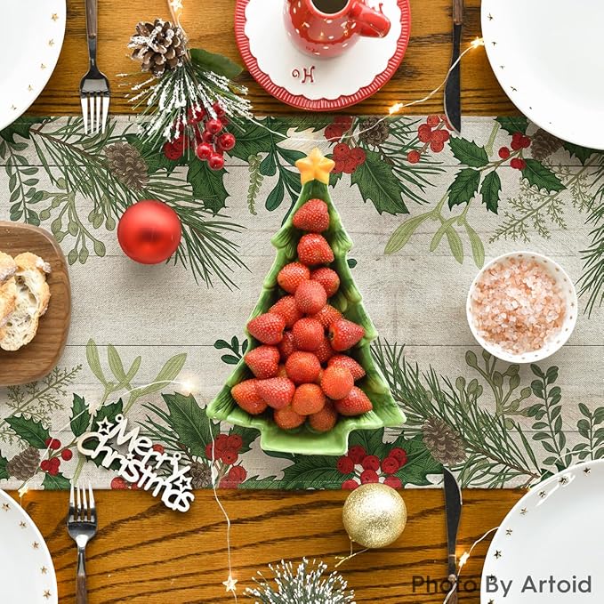 Artoid Mode Holly Fir Wood Pine Cone Leaves Christmas Table Runner, Seasonal Winter Holiday Kitchen Dining Table Decoration for Home Party Decor 13x120 Inch