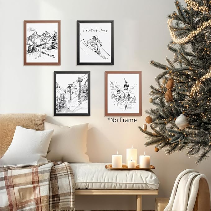 AEHIE Black and White Wall Ski Art Poster Prints for Home Bedroom Bedroom Living Room Office, Vintage Skiing Snowboard Winter Decor, Winter Snowy Mountain Landscape Wall Art Unframed 4pcs 8x10inch