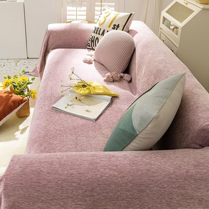 VClife Chenille Couch Cover, Purple Couch Covers for Sectional Sofa, Non Slip Dog Couch Cover for 3 Cushion Sofa, Washable Couch Slipcover Furniture Protector, 71''x150''
