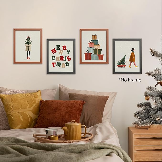 AEHIE Merry Christmas Boho Wall Art Poster Prints for Home Gallery Living Room Bathroom, Minimalist Watercolor Xmas Decor, Xmas Tree Winter Wall Art Unframed 4pcs 8x10inch