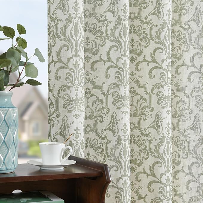 jinchan Curtains for Bedroom, Light Filtering Curtains 72 Inch Length 2 Panels Set, Baroque Style Linen Drapes for Living Room, Vintage Damask Patterned Window Treatments, Grommet Sage Green on Flax