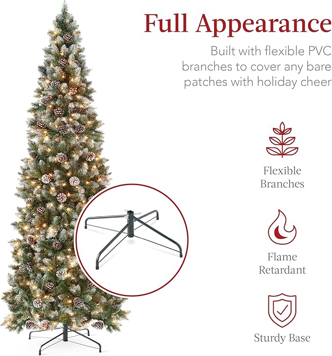 Best Choice Products 9ft Pre-lit Pencil Christmas Tree, Partially Flocked & Frosted Slim Holiday Tree Decoration, Skinny Xmas Tree, 450 Lights, 1,298 Frosted Tips, 82 Pine Cones, Foldable Stand