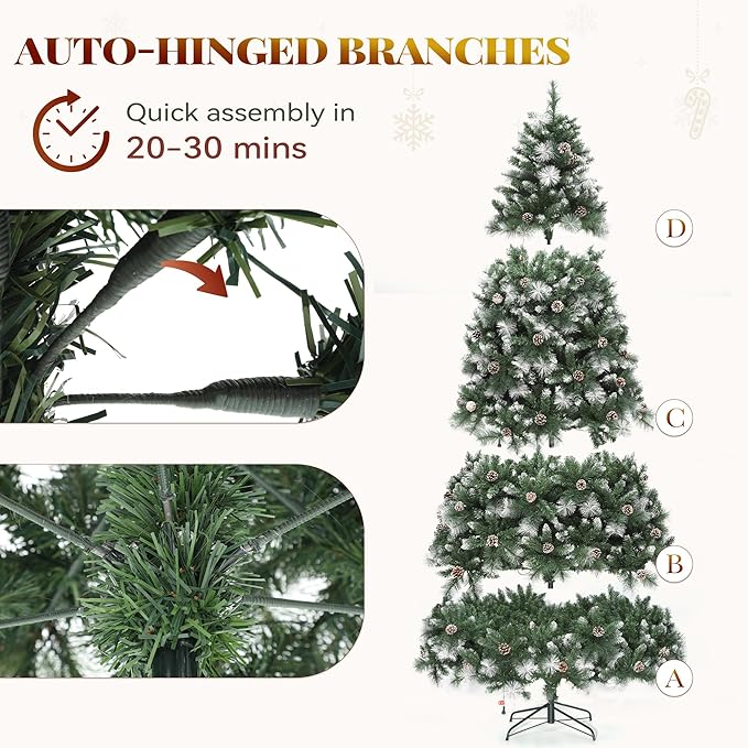 YITAHOME 9ft Prelit Scotch Pine Christmas Tree with Remote Control, Pre-Decorated Frosted Christmas Tree with Pine-Cones & Needles, Warm White/Multicolor Changing Lights for Home/Office