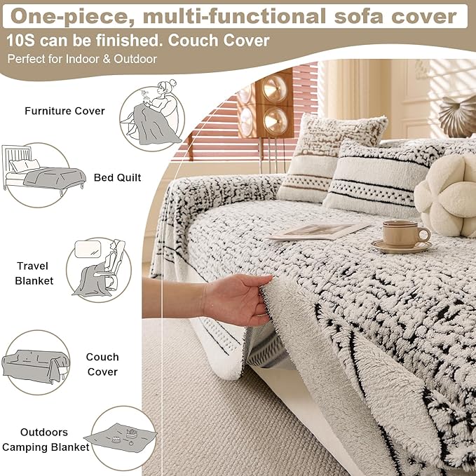 ROOMLIFE Thicked Striped Boho Black Couch Cover for 2-3 Cushion Sofa, Fuzzy Plush Warm Sofa Slipcovers Sectional Sofas Covers, Non Slip Washable Furniture Protector Soft with Tassel,Winter 71''X118”